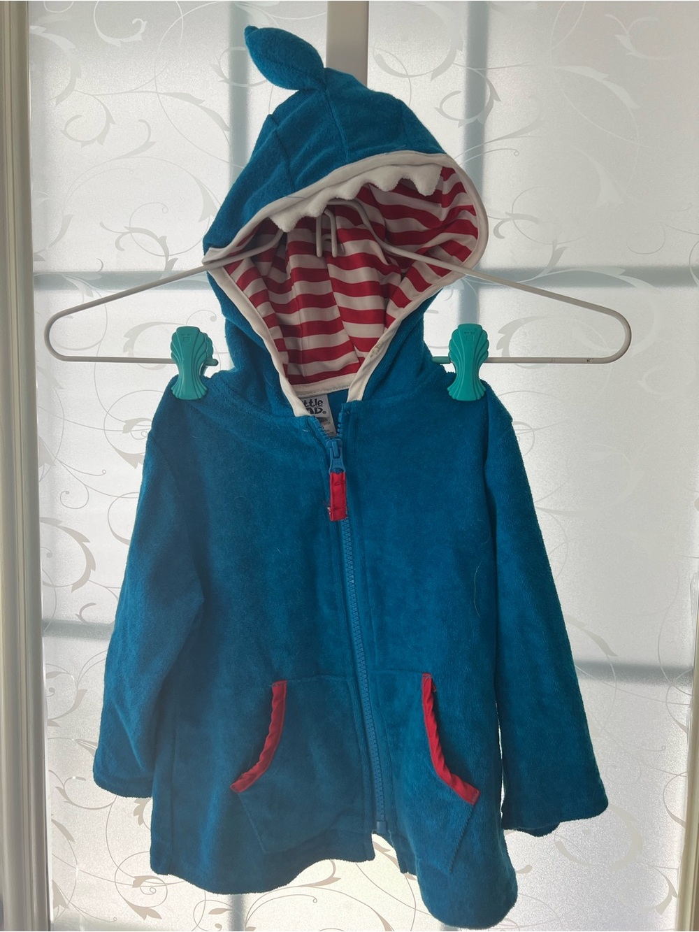 Little Lad sz 18M teal blue terry cloth zip up hoodie with shark fin and teeth.